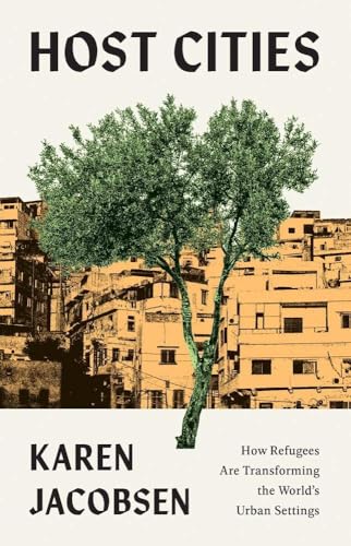 Book cover with a tree in front of densely packed buildings.