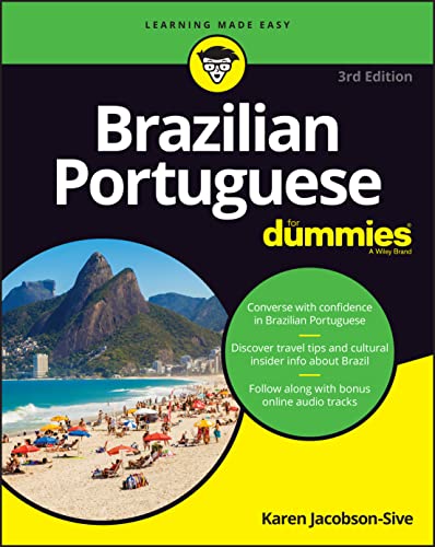 Book cover: "Brazilian Portuguese For Dummies," 3rd edition, with a beach scene.