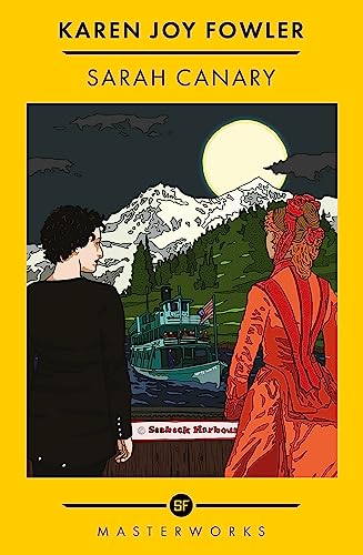 Book cover: two figures, a boat, mountains, and a large moon.
