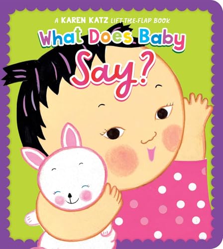 Baby’s face with a toy bunny, colorful book cover with lift-the-flaps.