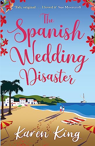 Book cover: "The Spanish Wedding Disaster" with beach scene and palm trees.