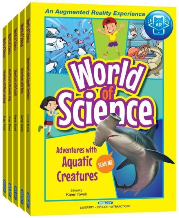 Stack of colorful “World of Science” books featuring aquatic creatures.
