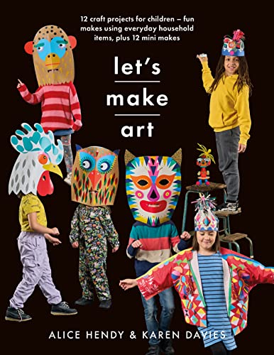 Children wearing colorful, handmade masks and costumes from a craft book.
