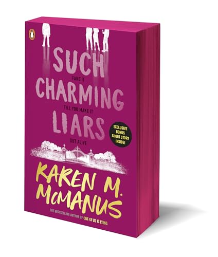 Book cover for "Such Charming Liars" by Karen M. McManus, pink background.