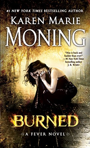 Book cover: woman crouching in a dark, misty forest; title "Burned".