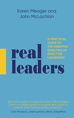 Book cover: "Real Leaders" with blue and yellow color scheme, white text.