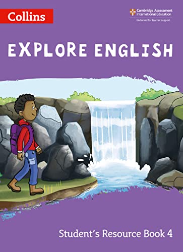“Explore English” student book cover with a boy hiking near a waterfall.
