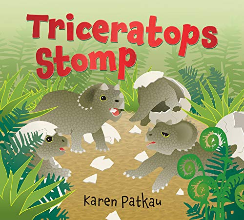 Book cover: Triceratops hatching from eggs in a green, leafy landscape.
