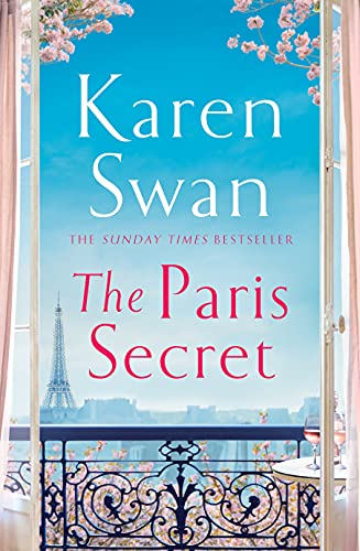 Book cover: "The Paris Secret" by Karen Swan, with Eiffel Tower view.