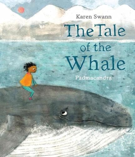 A child sits on the back of a large whale in a painted ocean scene.