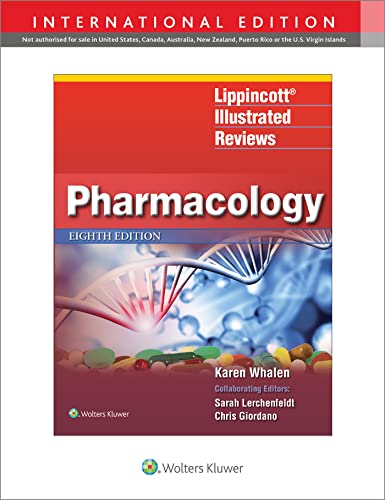Red textbook cover for "Pharmacology" with DNA helix and pills illustration.
