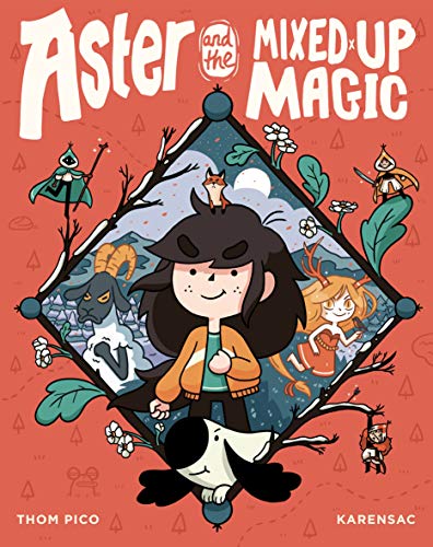 Graphic novel cover featuring a girl, animals, and magical creatures in a diamond frame.