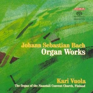 CD cover for Kari Vuola performing Bach’s Organ Works, green abstract art.