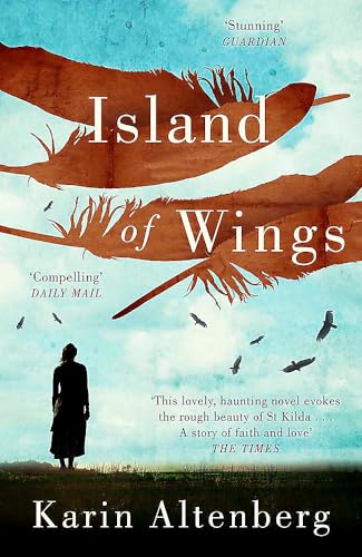 Book cover: woman looking at birds and large feathers in sky.