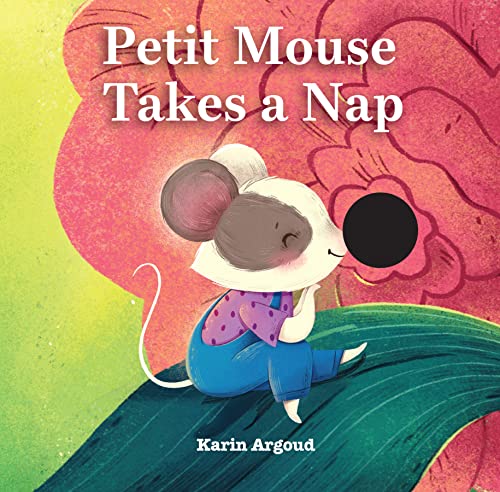 Sleeping grey mouse in blue clothes, nestled amongst large green leaves.