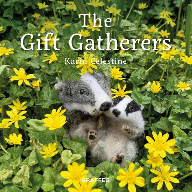 Book cover featuring a felted badger amongst yellow wildflowers.