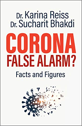 Book cover with red text "CORONA FALSE ALARM?" and a virus image.