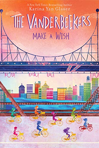 Book cover with illustrated cityscape, bridge, and people riding bicycles.