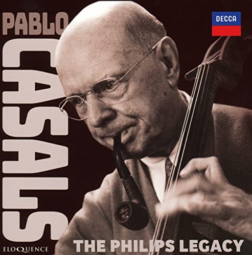 Black and white portrait of Pablo Casals with a cello and pipe.