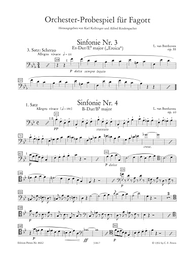Sheet music excerpts for bassoon orchestral auditions, featuring Beethoven’s scores.