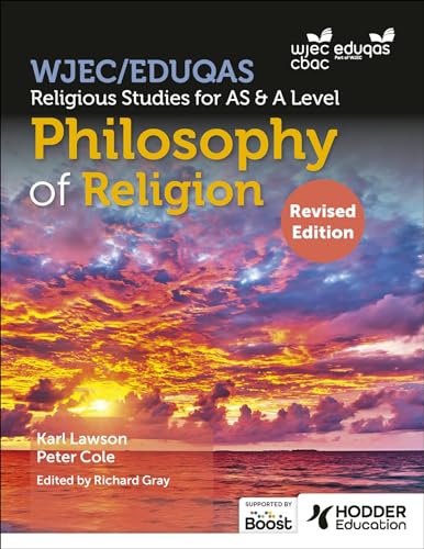 Textbook cover for WJEC/Eduqas Religious Studies, Philosophy of Religion, featuring a sunset ocean scene.