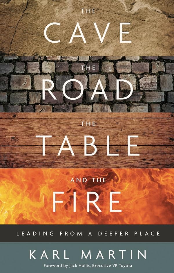 Book cover with textures of stone, road, wood, and flames.