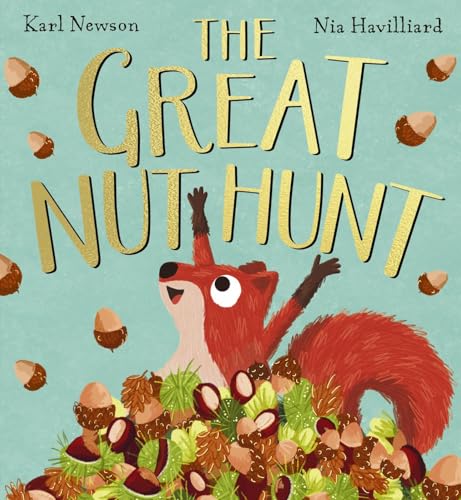Children's book cover featuring a red fox sitting in a pile of various nuts.