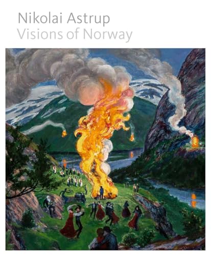 Painting of a bonfire with figures in a Norwegian landscape.