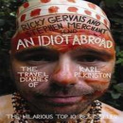 Close-up of Karl Pilkington with tribal face paint, book title text overlaid on his face.