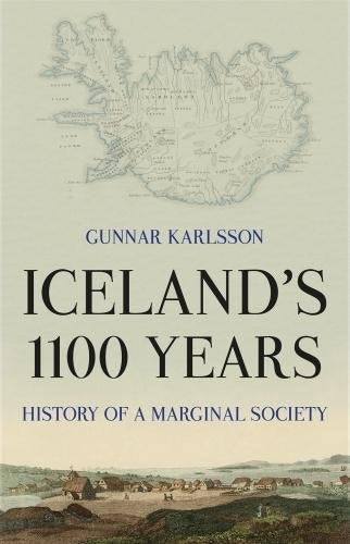 Book cover: Iceland map, title “Iceland’s 1100 Years”, and village illustration.