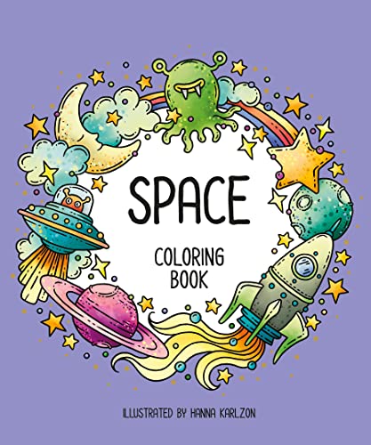 Space coloring book cover with cartoon rocket, alien, and planets.