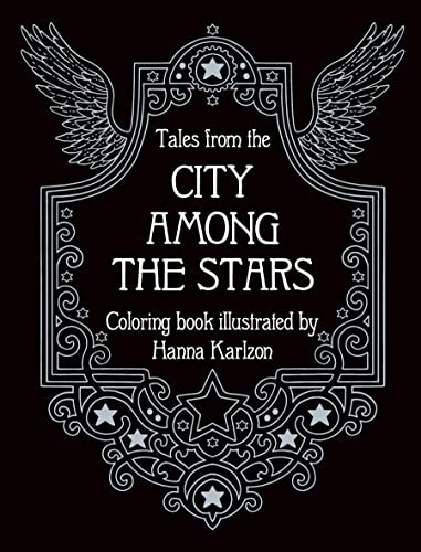 Black and white coloring book cover with ornate wings and title text.