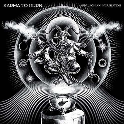 Karma To Burn album cover: demonic figure with cauldron, black and white.