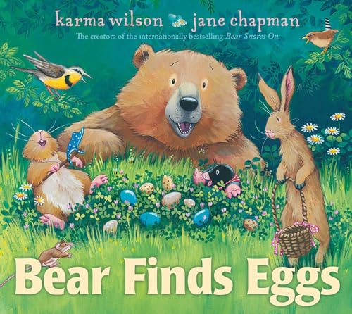 A bear, rabbit, and other small animals surround colorful eggs in a grassy field.