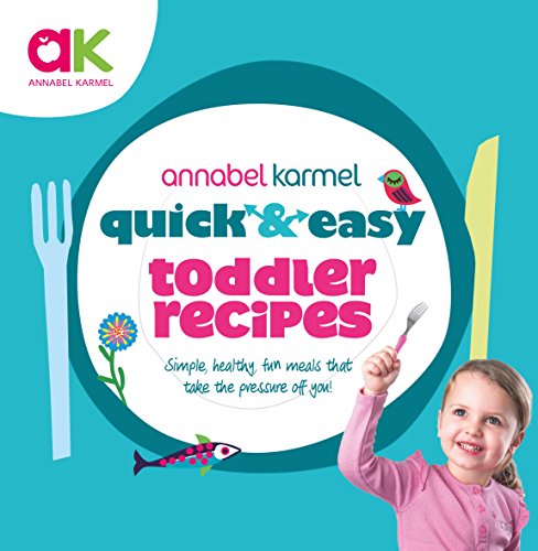 "Book cover with a girl holding a fork, 'Quick and Easy Toddler Recipes' text."