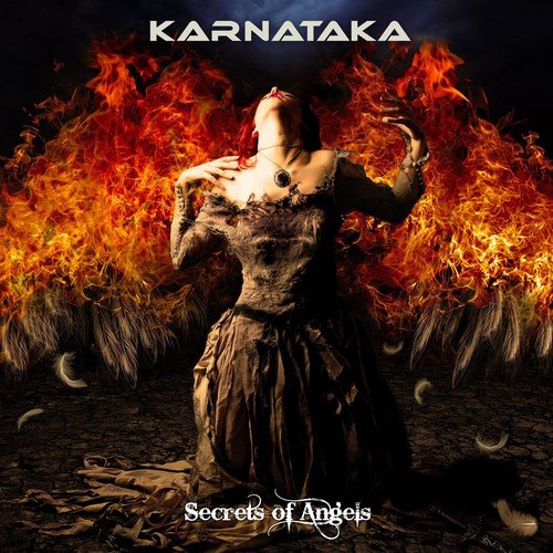 CD cover: woman with wings kneeling in flames, dark and dramatic.
