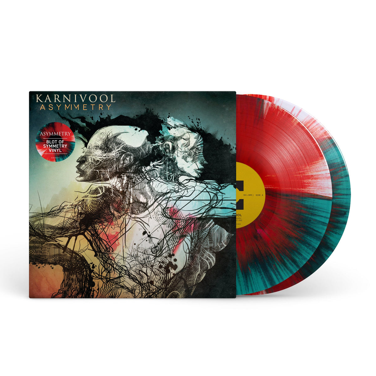 Karnivool "Asymmetry" vinyl record with colorful, swirled discs and illustrated cover.