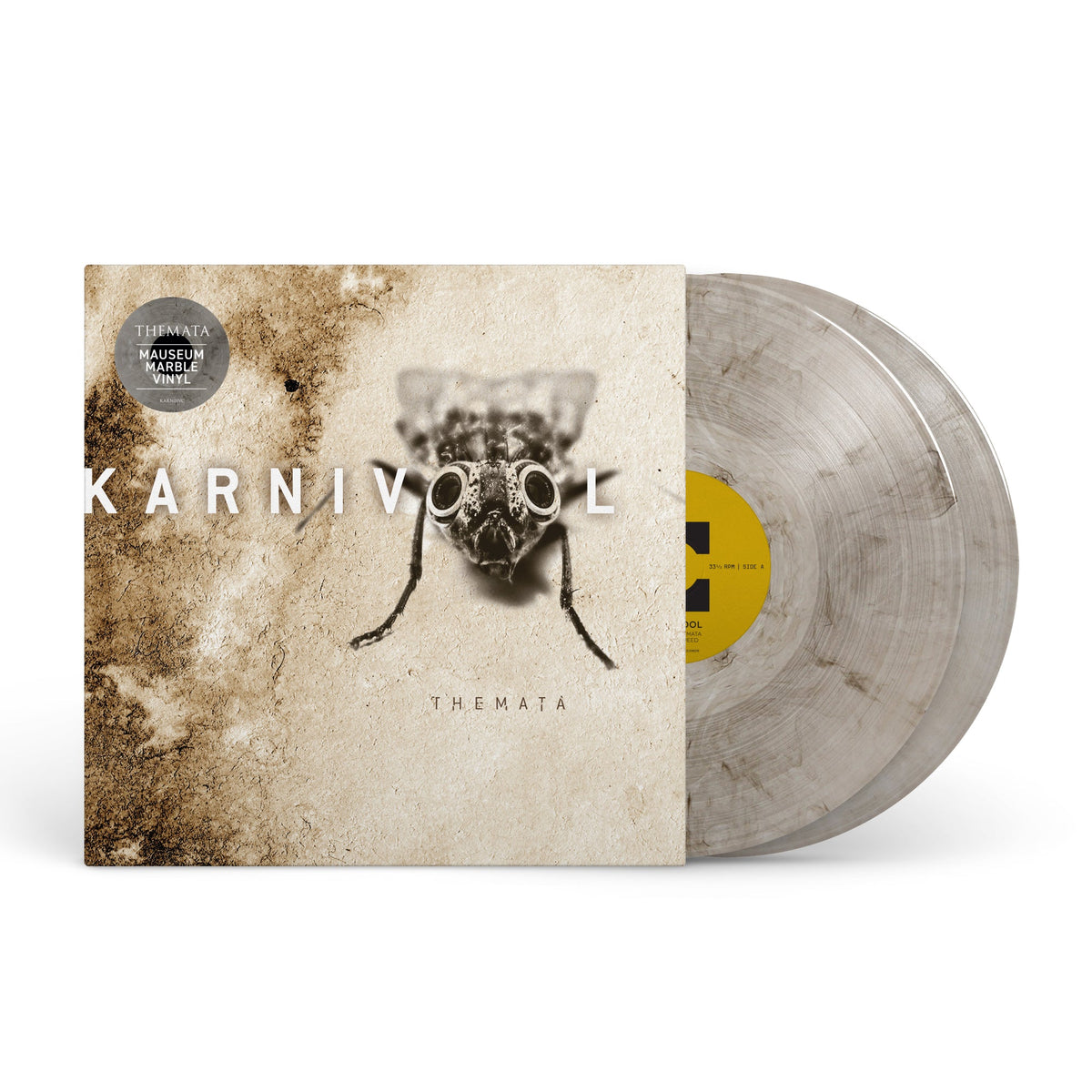 Karnivool’s “Themata” vinyl record with a bug image and marbled grey discs.
