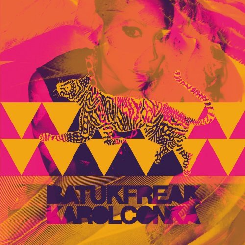 Vibrant album cover with woman, tiger, and geometric shapes in orange, yellow, and purple tones.