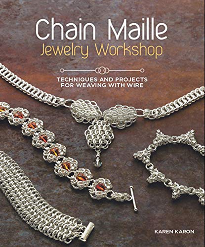 Book cover titled Chain Maille Jewelry Workshop featuring various silver chain maille jewelry pieces.
