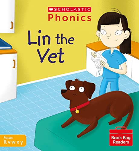 Book cover: young vet Lin with a brown dog in an exam room.