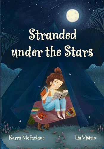 Girl reading in a tent under a starry night sky.