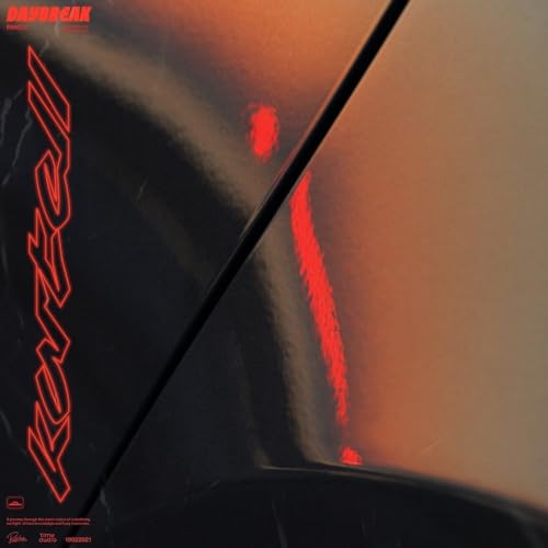 Album cover for Kartell’s Daybreak, with red neon text on a dark background.