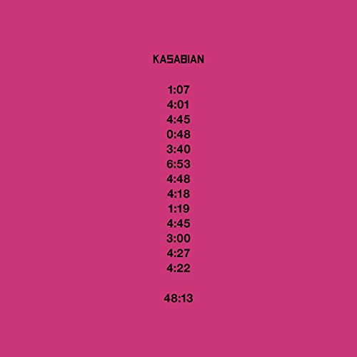 Kasabian "48:13" CD cover: pink background with white track timings.