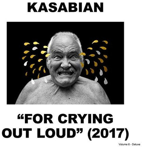 "Album cover with a black-and-white man crying, surrounded by blue tears on a black background."