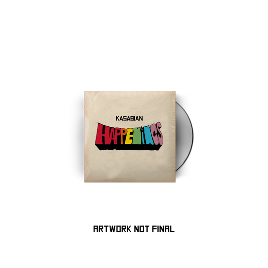 Kasabian "Happenings" CD packaging with colorful cover art and sun-themed disc.