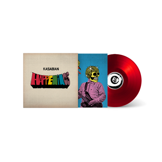 Kasabian "Happenings" vinyl record, red disc, and cover art featuring a skull.