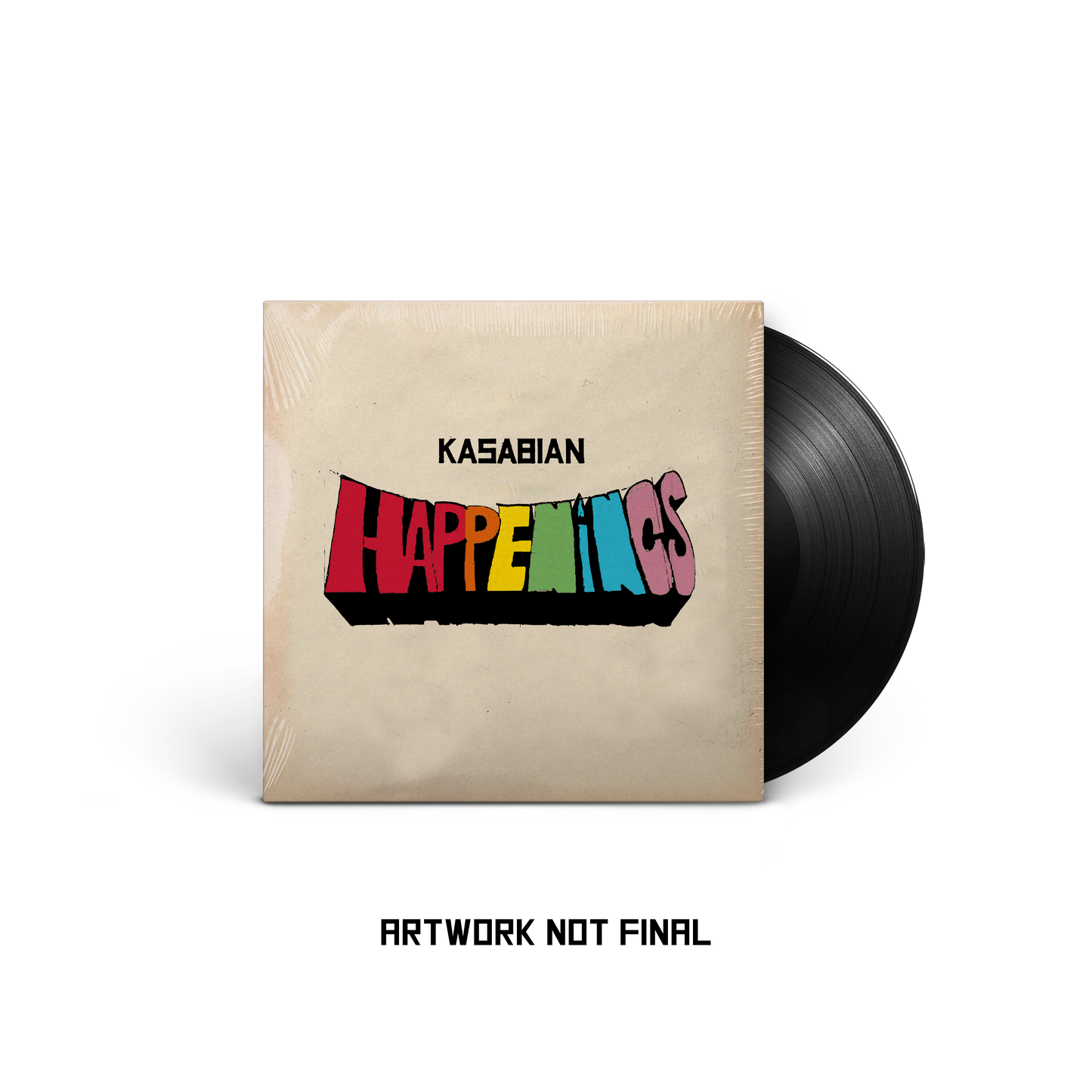 Kasabian “Happenings” vinyl record with colorful cover art and skull illustration.