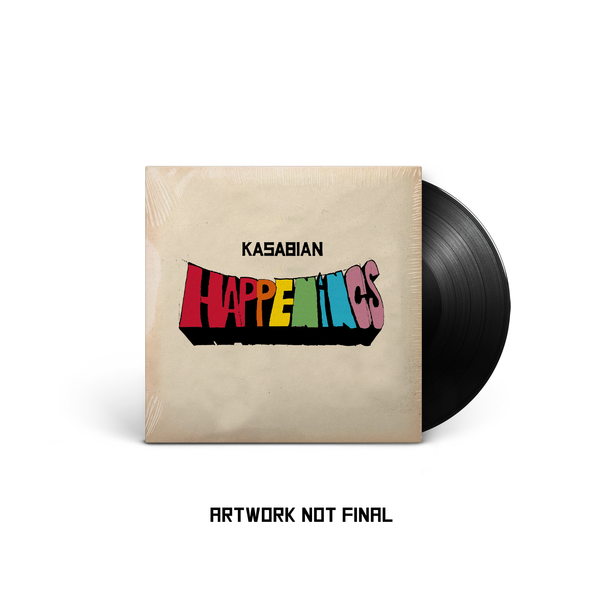 Kasabian “Happenings” vinyl record with colorful cover art and skull illustration.