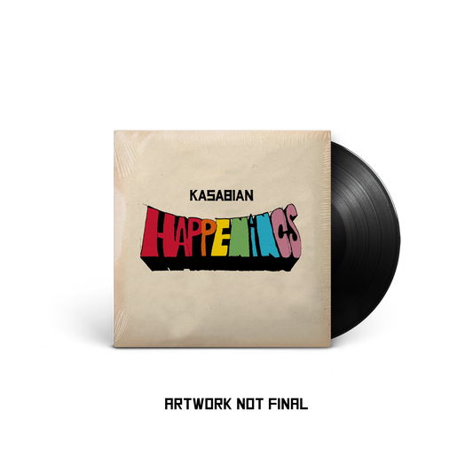 Kasabian “Happenings” vinyl record with colorful cover art and skull illustration.